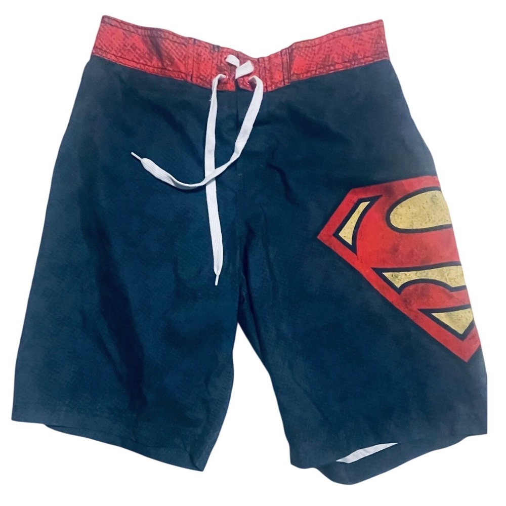 Superman Mens Board Shorts Swim Trunks Blue Red Shield Logo Size Medium M